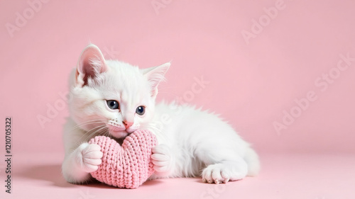 pink romantic background with highlights, cute white kitten with heart, love concept