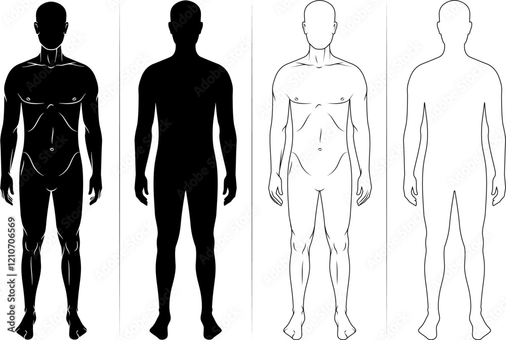 Human body silhouette, man outline figure or patient front view, vector contour. Male anatomy model of body for medical line icon or health and medicine patient full body