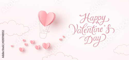 Pink heart flying balloon with man on sky background. Vector love postcard for Happy Valentine's Day greeting card design