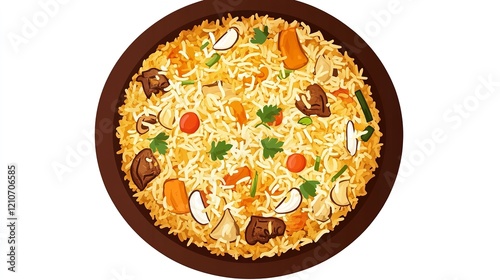 Top View of 32-bit Pakistani Biryani in a Vector Cartoon