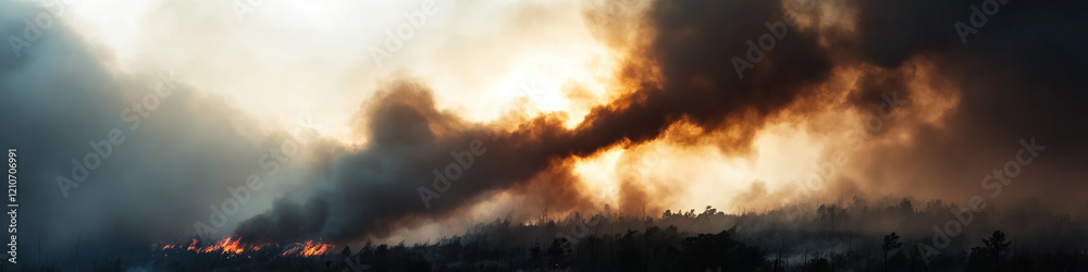 Wildfire Smoke and Flames Over Forested Area Wildfire Smoke and Flames Over Forested Area