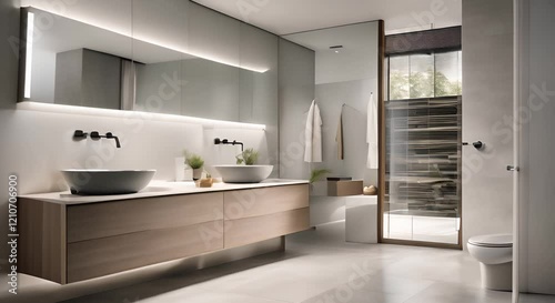 Wallpaper Mural A serene minimalist bathroom interior featuring cleverly integrated hidden storage solutions including sleek cabinets or drawers discreetly nestled beneath countertops Torontodigital.ca