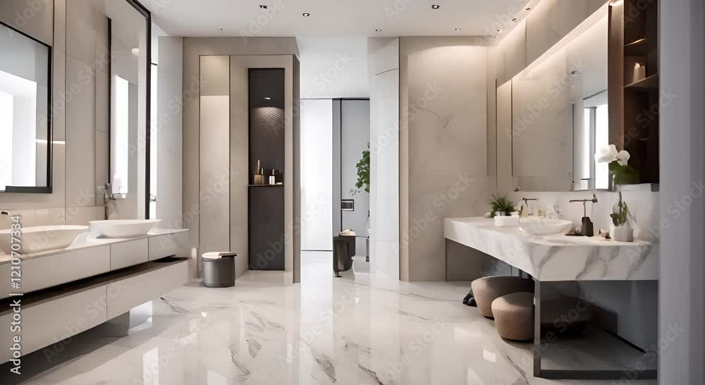 A serene bathroom interior design featuring a spacious well lit area with cream colored walls white marble countertops and dark grey flooring 4K A serene bathroom interior design featuring a spacious well lit area with cream colored walls white marble countertops and dark grey flooring 4K