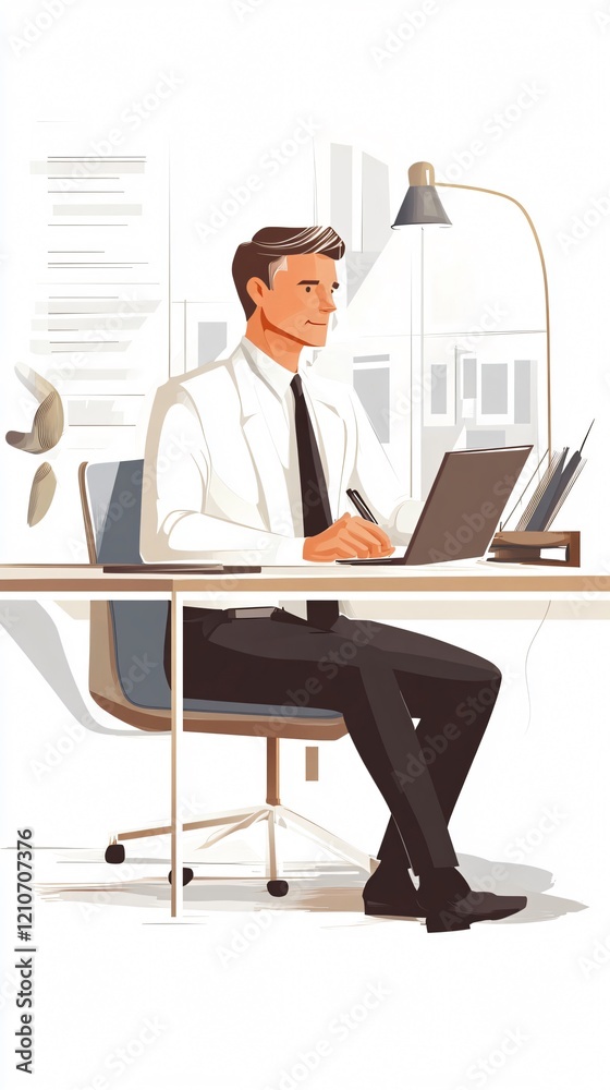 Focused man working on laptop at desk in modern office. Professional in business attire engaged in computer work, embodying work life and productivity. Focused man working on laptop at desk in modern office. Professional in business attire engaged in computer work, embodying work life and productivity.