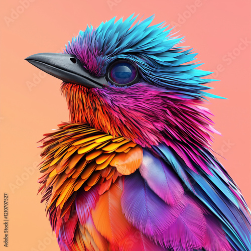 Portrait of a cute little colorful bird on red background. Close up.  Profile view. photo