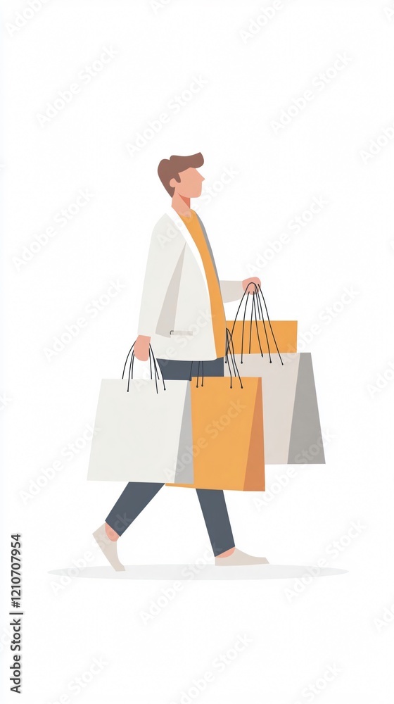 Man Shopping: A stylish minimalist vector illustration of a man enjoying retail therapy, carrying shopping bags with a sense of satisfaction and contentment. Man Shopping: A stylish minimalist vector illustration of a man enjoying retail therapy, carrying shopping bags with a sense of satisfaction and contentment.