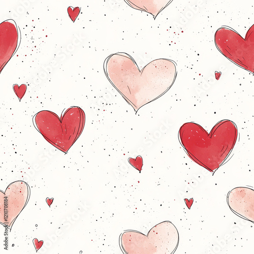 A seamless pattern of red and blue hearts arranged artistically on a soft beige background. Suitable for romantic designs and gift wrapping