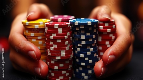 Hands holding colorful poker chips stacked in preparation for a game night at a casino in Las Vegas