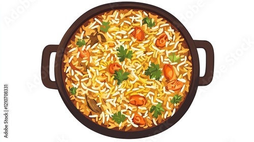 Top View of 32-bit Pakistani Biryani in a Vector Cartoon