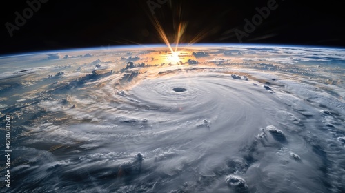 Dramatic Aerial View of Hurricane Eye Sunrise Over Earth Cyclone Weather Satellite Image