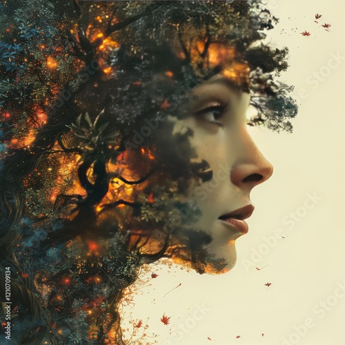 Woman s Face Nature Double Exposure Mystical Forest Autumn Leaves Magical Tree