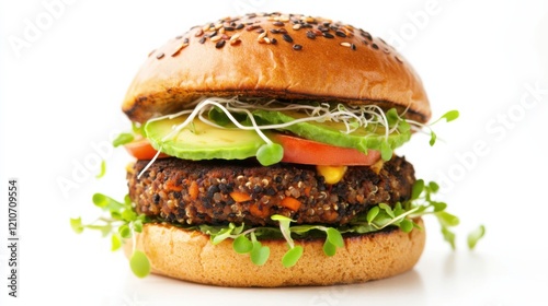A gourmet veggie burger with a hearty patty made from black beans, quinoa, and roasted vegetables
