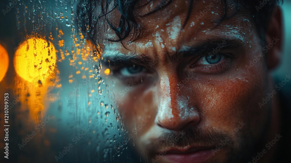 Emotional vulnerability portrayed through a man staring intensely through a rainy window. Generative AI