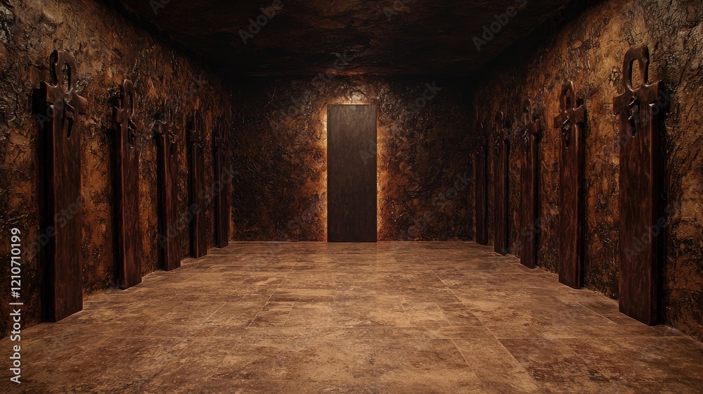 Obraz premium Mysterious stone corridor, dark door, ancient crosses, eerie background, horror game asset