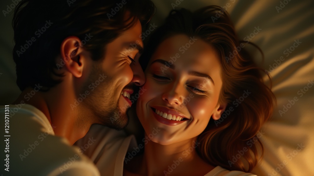 A couple embracing and smiling in warm, intimate light.. A couple embracing and smiling in warm, intimate light..