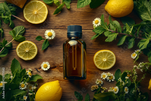 A bottle of essential oil surrounded by lemons and flowers on a wooden table photo