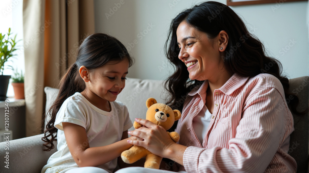 Hispanic mother and daughter smiling while holding a teddy bear together in a sunlit living room. Concept of familial love, positivity, and nurturing connection in daily life Hispanic mother and daughter smiling while holding a teddy bear together in a sunlit living room. Concept of familial love, positivity, and nurturing connection in daily life
