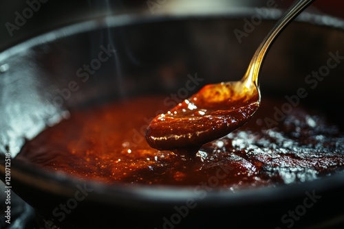 A ladle rests in a pot of simmering, savory sauce, ready to add a burst of rich flavor to any dish.