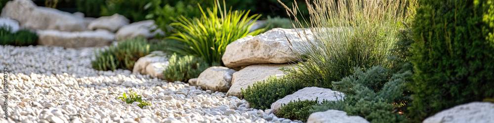 Gravel Pathway with Rocks and Assorted Green Plants