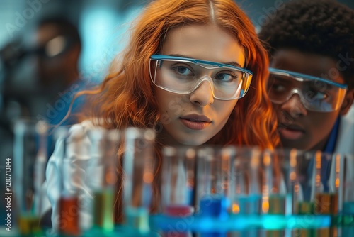 Students engaged in a chemistry experiment with colorful test tubes. photo