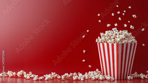 popcorn in package on red background, concept of relaxation and watching movies