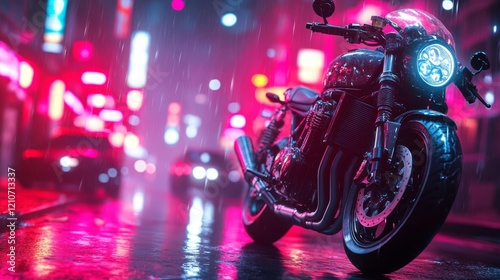 Futuristic Motorcycle in Neon Lights at Night. Generative AI photo