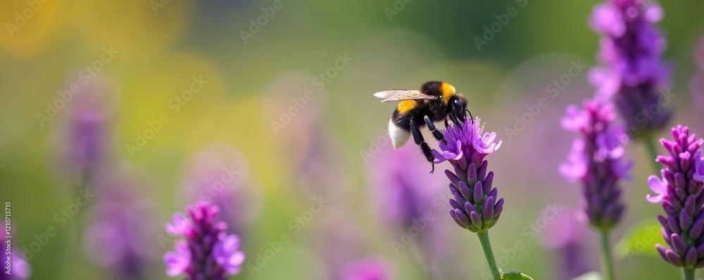 Bumblebee hovering above purple flowers in field, UK, wildlife, pollination Bumblebee hovering above purple flowers in field, UK, wildlife, pollination