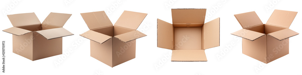 A series of cardboard boxes in various open and closed positions, showcasing different orientations and dimensions. A series of cardboard boxes in various open and closed positions, showcasing different orientations and dimensions.
