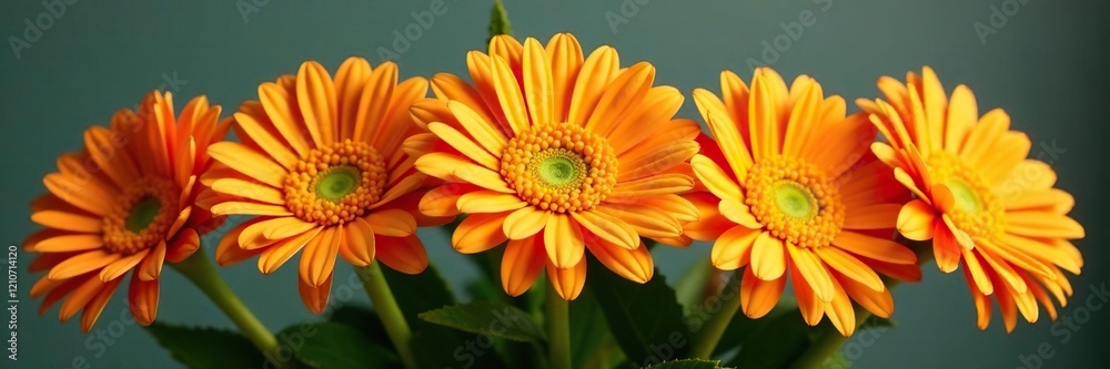 A bouquet of orange gerbera daisies with green leaves, gerbera daisies, yellow, orange A bouquet of orange gerbera daisies with green leaves, gerbera daisies, yellow, orange