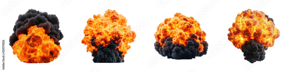 A sequence of explosive fireballs showcasing bright orange flames and dense black smoke in different stages of a blast. A sequence of explosive fireballs showcasing bright orange flames and dense black smoke in different stages of a blast.