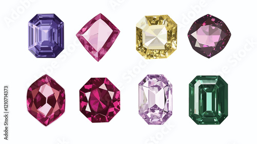 Vector set of precious expensive stones of different crystals shapes sapphire diamond ruby ​​crystal carat emerald yellow green blue gold pearl sparkles on a white background