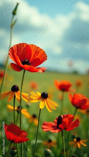 Red poppies and black-eyed Susans in a meadow, black-eyed susans, flowers