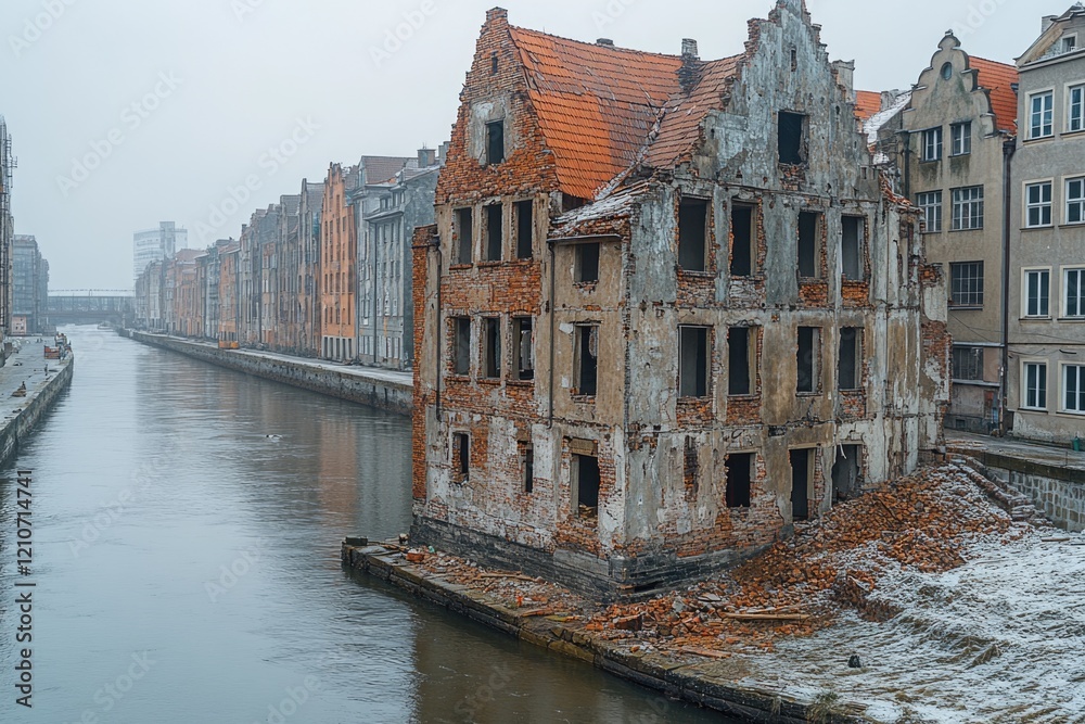 Naklejka premium A historic structure situated alongside a flowing waterway