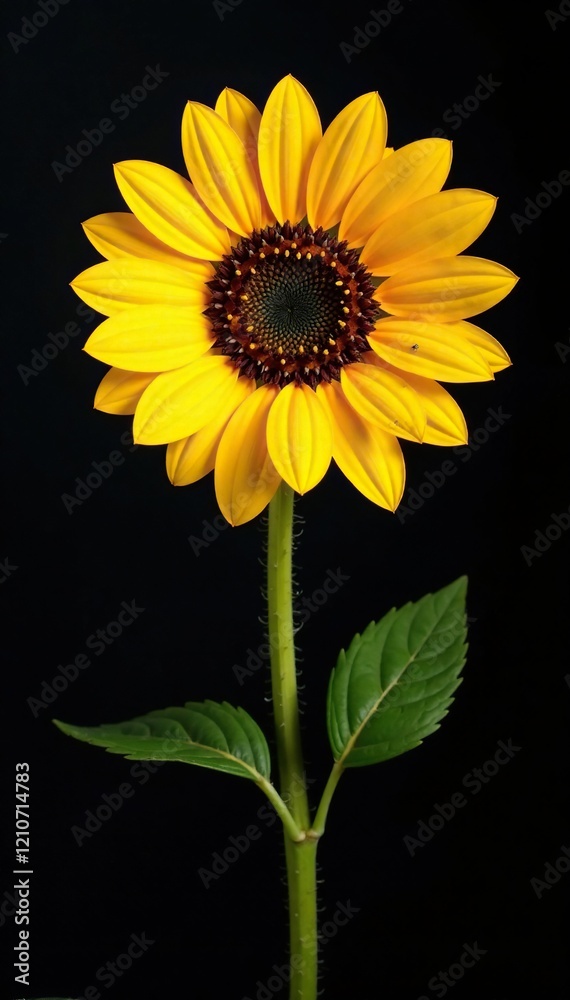 Obraz premium Bright yellow sunflower on black background with shadows, helianthus, shadow