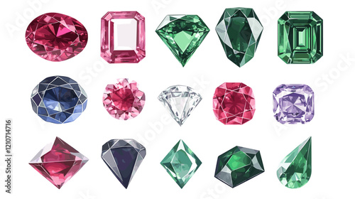 Vector set of precious expensive stones of different crystals shapes sapphire diamond ruby ​​crystal carat emerald yellow green blue gold pearl sparkles on a white background