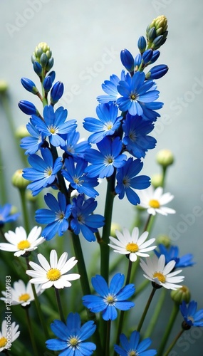 A mixture of blue delphiniums and white cornflowers creates a colorful and natural look, rustic, whimsical photo