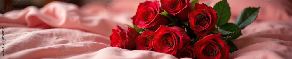 Naklejka premium A bouquet of bright red roses in a luxurious bed, flowers, bedding