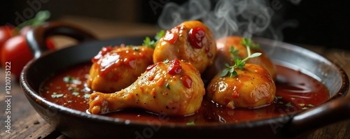 steaming hot chicken in a rich, dark brown sauce, meat, stew
