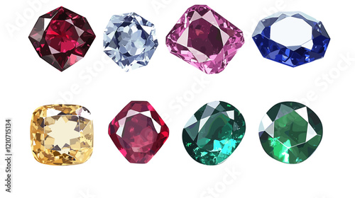 Vector set of precious expensive stones of different crystals shapes sapphire diamond ruby ​​crystal carat emerald yellow green blue gold pearl sparkles on a white background