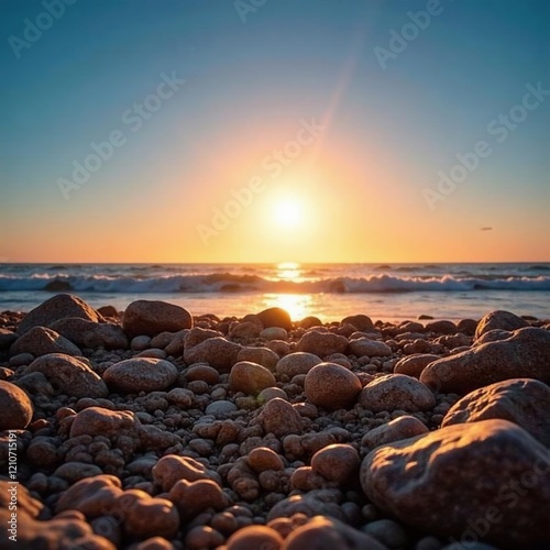 Sol nascendo atr?s de uma estrutura de pedras, ilha deserta, pedra praia photo