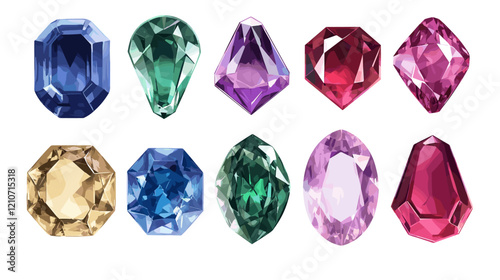 Vector set of precious expensive stones of different crystals shapes sapphire diamond ruby ​​crystal carat emerald yellow green blue gold pearl sparkles on a white background