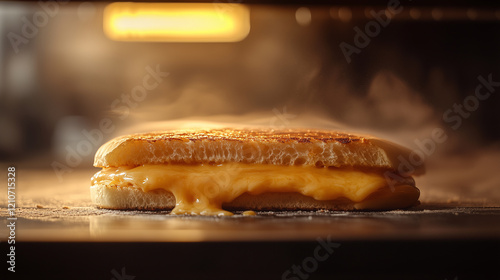 A close-up of perfect grilled cheese sandwich, melted cheddar and yellow Texture on golden brown toast. Wooden board with orange juice in background. Background, mockup for national grilled cheese mon photo