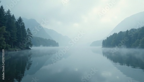 Shimmering veil of fog enfolds a tranquil lake, atmospheric, gray, peaceful photo