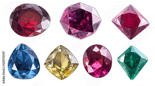 Vector set of precious expensive stones of different crystals shapes sapphire diamond ruby ​​crystal carat emerald yellow green blue gold pearl sparkles on a white background