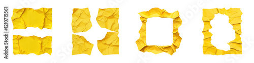 A series of five torn yellow paper pieces in various shapes and sizes. photo