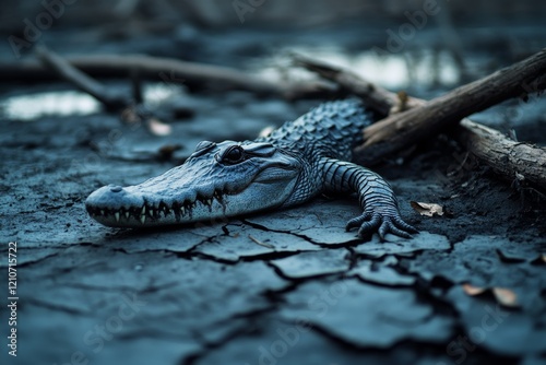 An alligator sprawls on cracked mud, perfectly camouflaged with its surroundings in a hauntingly tranquil and natural setting. photo