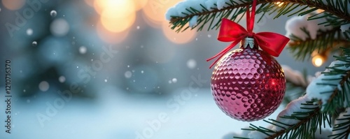 Decorative golf ball ornament hangs from red ribbon in winter scene, , snowflake
