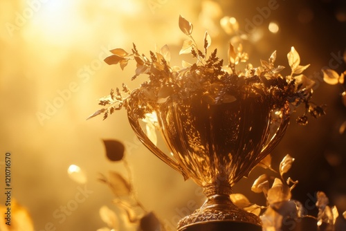 A golden trophy gleams in the soft natural light, showcasing laurel wreaths and intricate details. The warm glow enhances its elegance, creating a prestigious atmosphere. With copy space for text