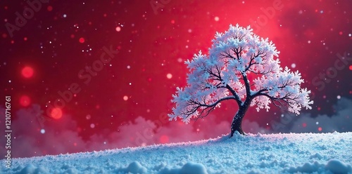 A majestic snowtree rises from a deep crimson red foundation, frosty atmosphere, festive photo