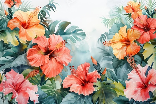 Vibrant watercolor illustration of hibiscus flowers surrounded by lush greenery. photo